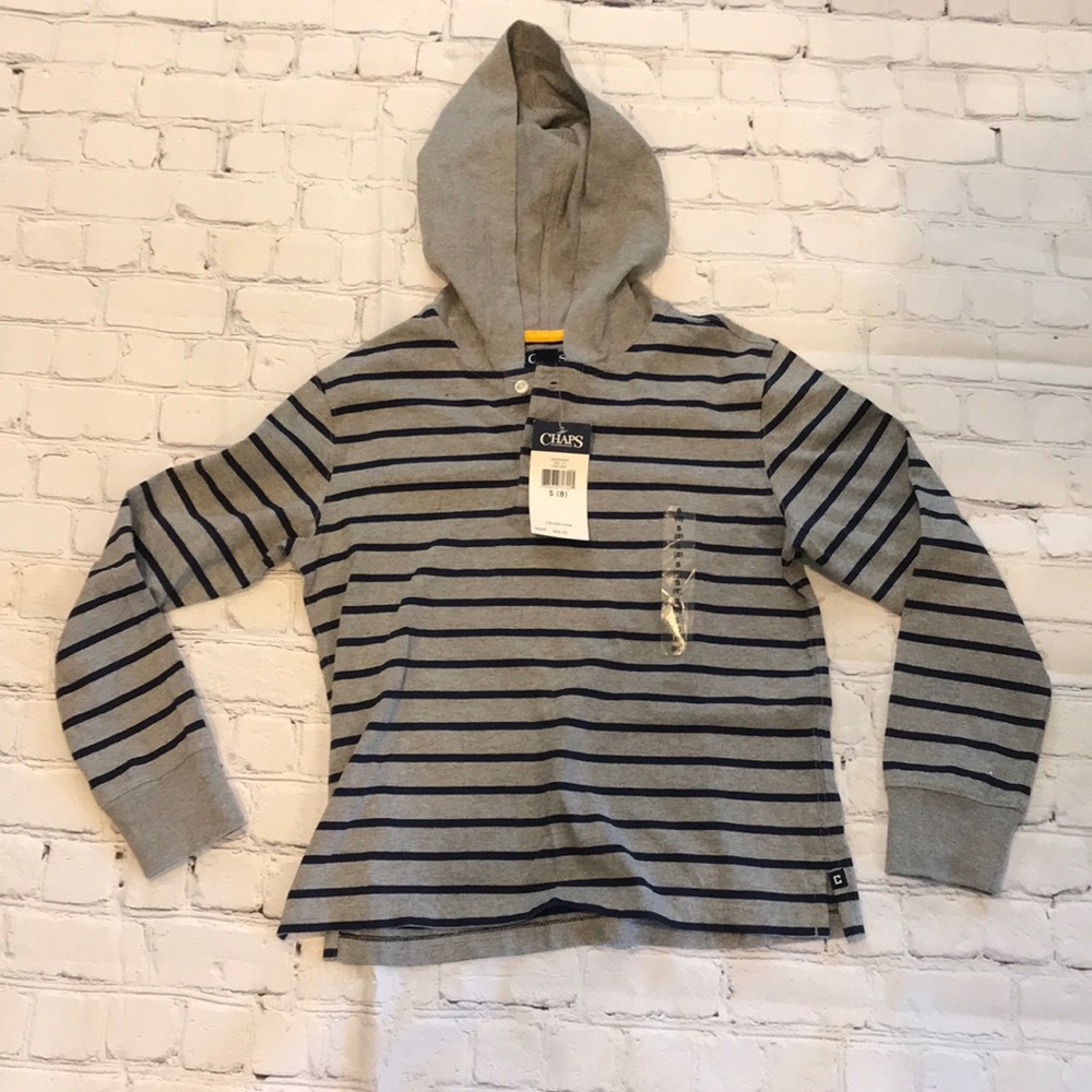 NWT Chaps long sleeve hooded tee. Sz s (8). Navy and grey.